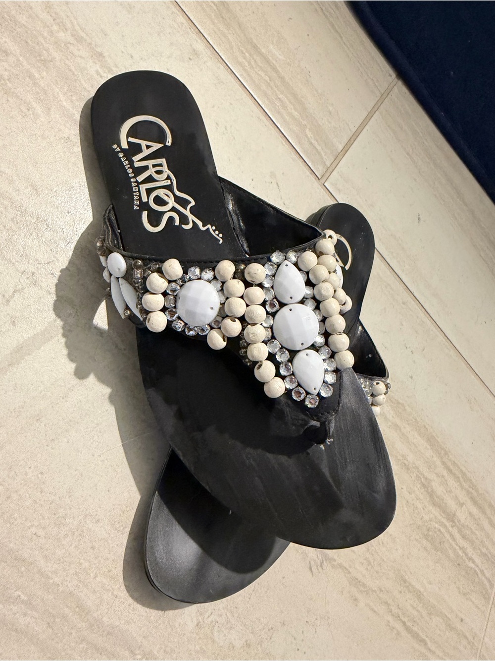 Black Carlos by Carlos Santana Sandal w/ White Beaded Embellishment. Size 6.